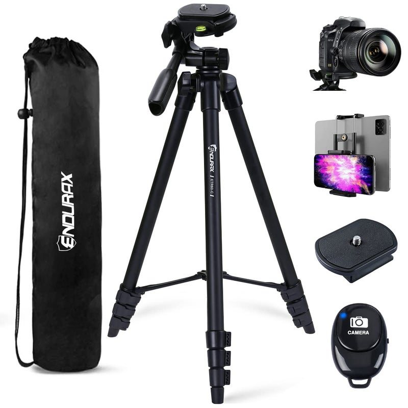 Endurax حامل كاميرا إندوركس 60 بوصة لكاميرات كانون ريبيل إيوس ونيكون DSLR، حاملات سفر للهواتف والأجهزة اللوحية مع جهاز تحكم عن بعد باللون الأسود - Image 1
